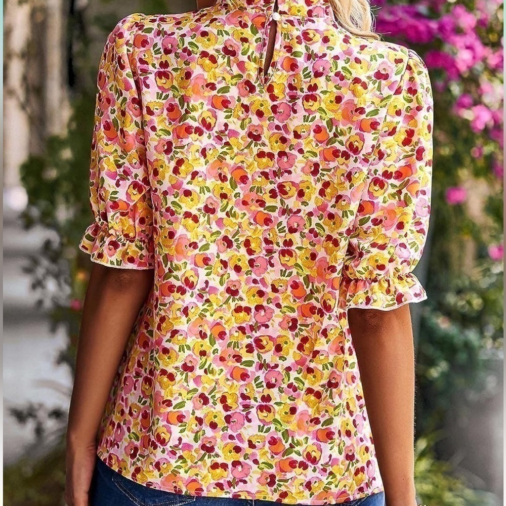 Boho Ruffle Neck Short Sleeve Frill Top - Picture 5 of 7